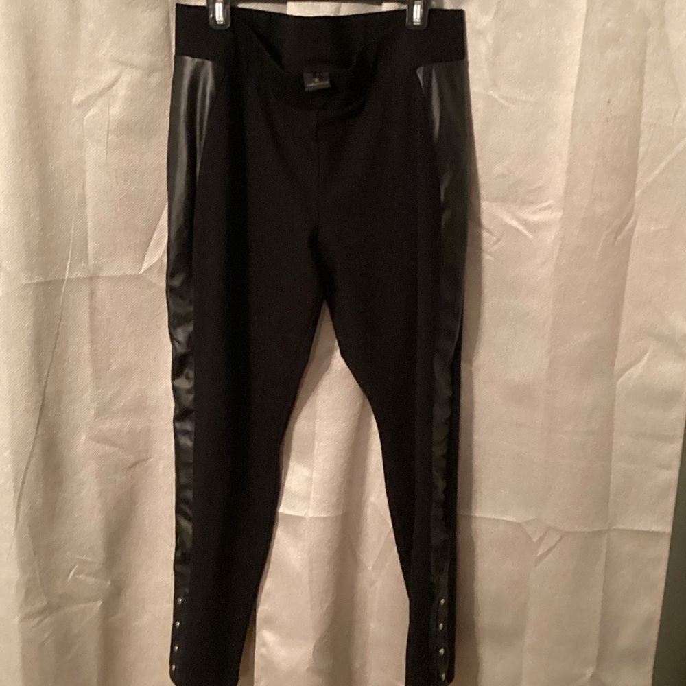 Women's Black Straight Leg Pants with Leather Details